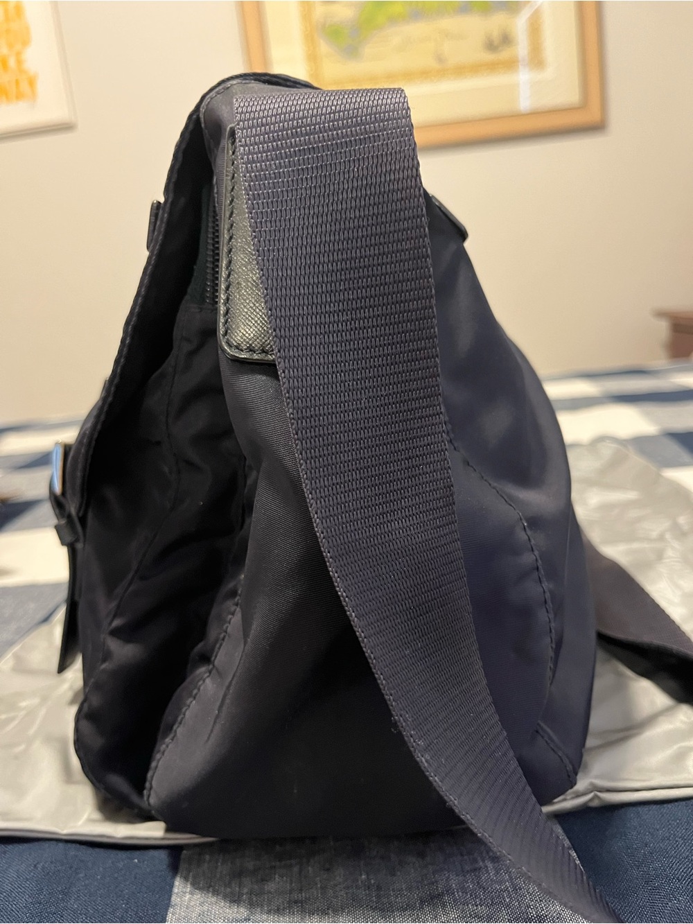 Prada Navy Nylon Messenger Bag with Silver Hardware, Leather Trim with Dust Bag - Picture 4 of 12